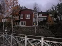Close-up of hotel at dusk